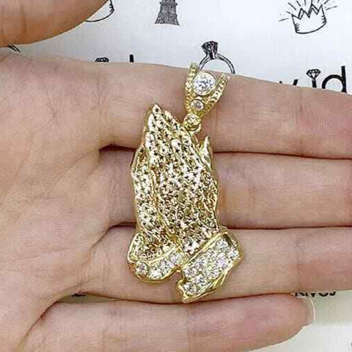 14K Yellow Gold 0.6CTW Simulated Diamond Cut Crosses Praying Hands Charm Pendant