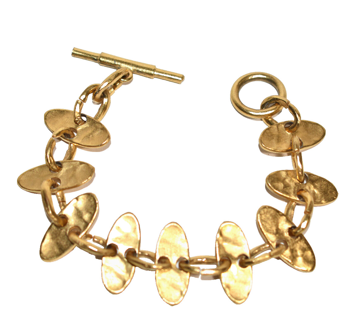 Biche De Bere Bracelet Gold Tone Links Modernist Hammered Toggle Clasp 8”