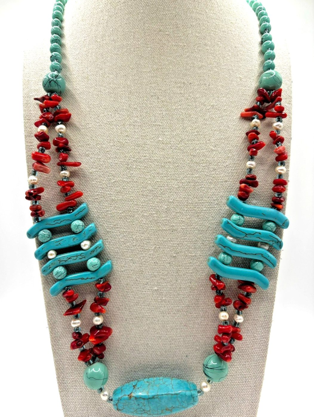 Simulated Turquoise Red Coral Genuine Pearl And Howlite Bead Statement Necklace
