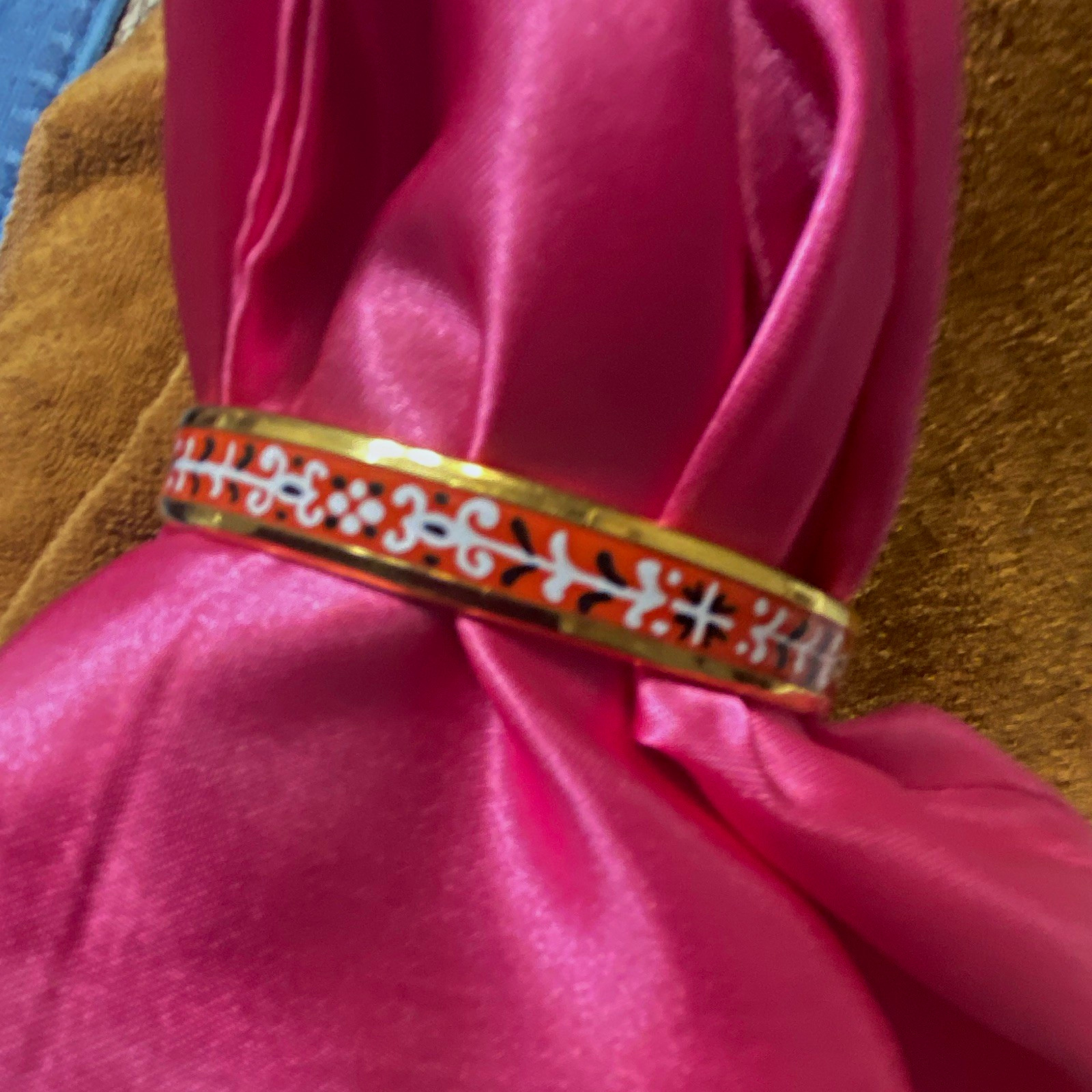 HERMÈS Signed Enamel Bangle Bracelet Gold Tone Orange White and Black.