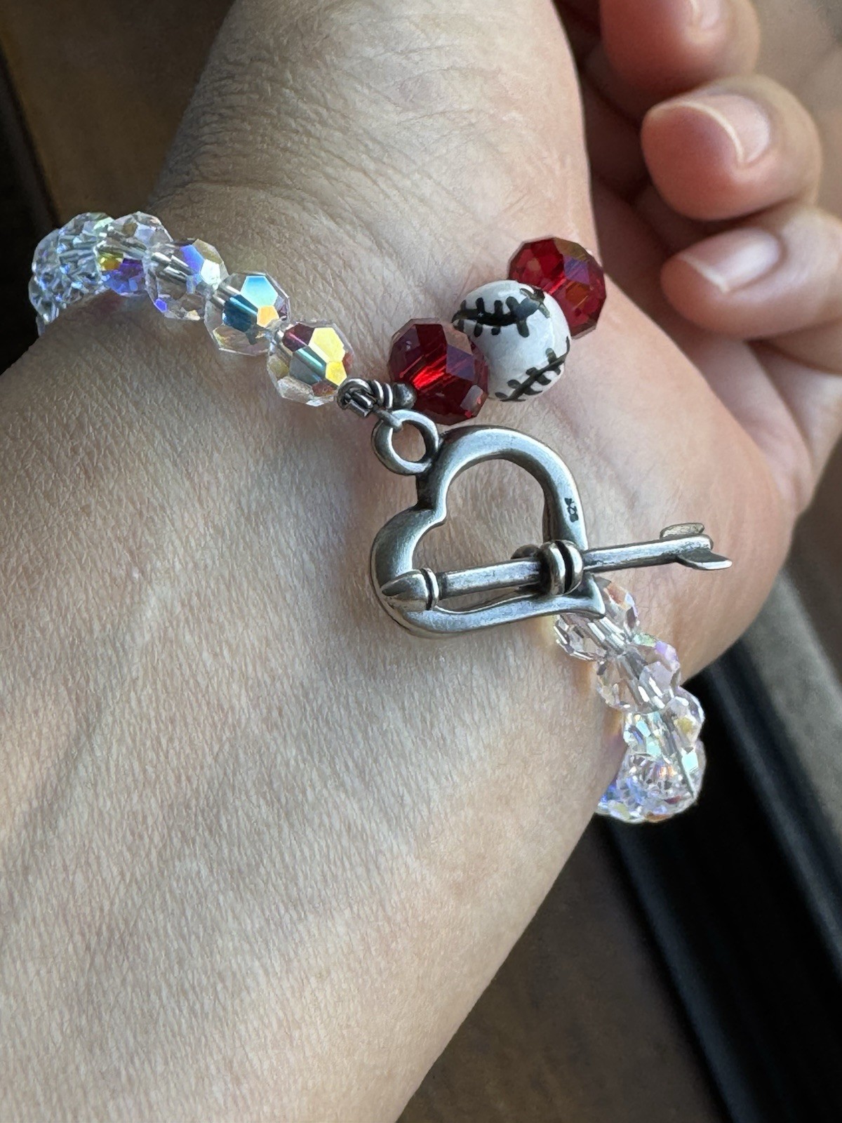 Sterling Silver 925 Beaded Crystals Baseball Bracelet W/heart Charm Sports 8”