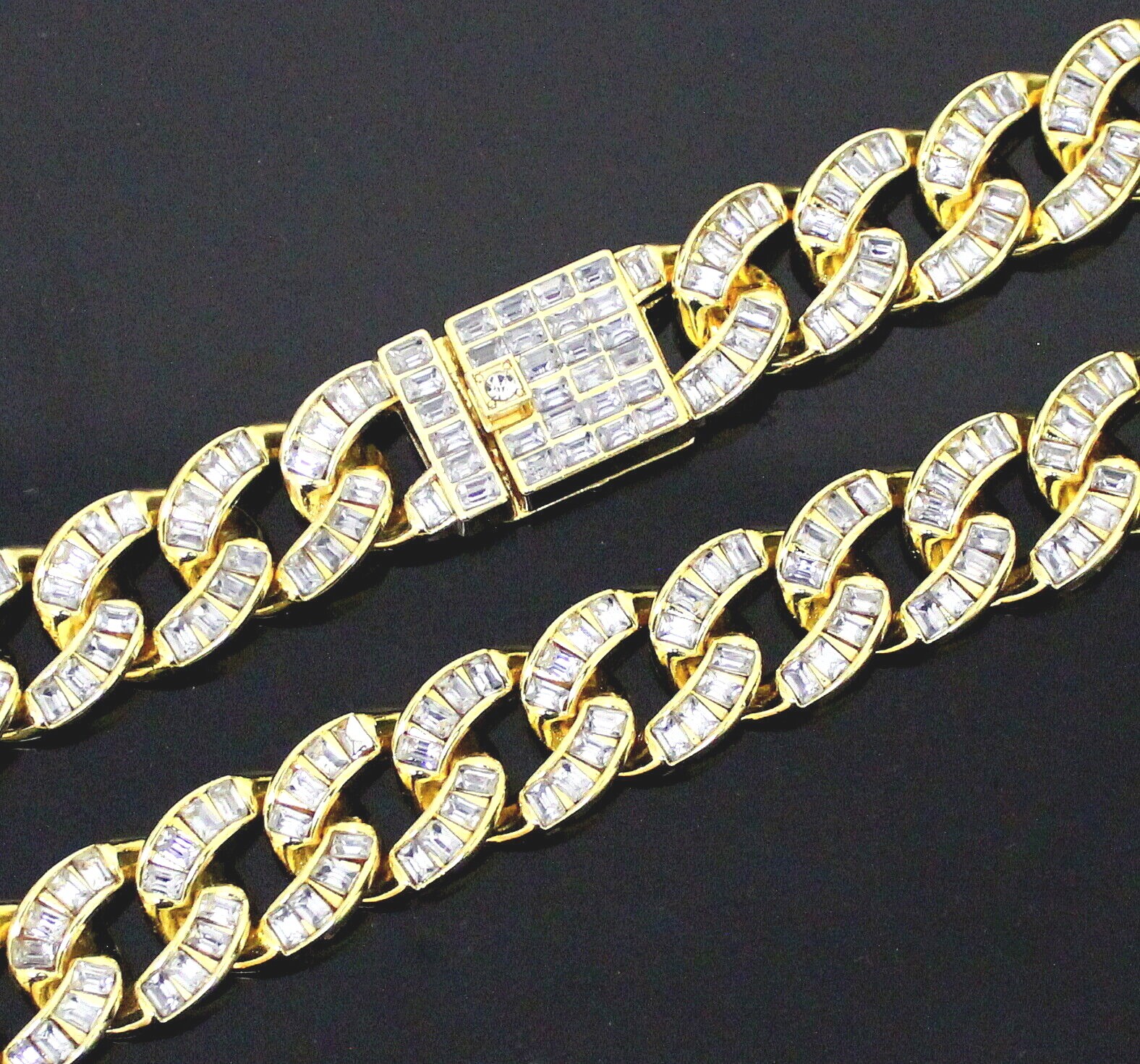 Mens 15mm Iced Baguette CZ Cuban/Curb Link Gold Plated 7″-30″ Necklace