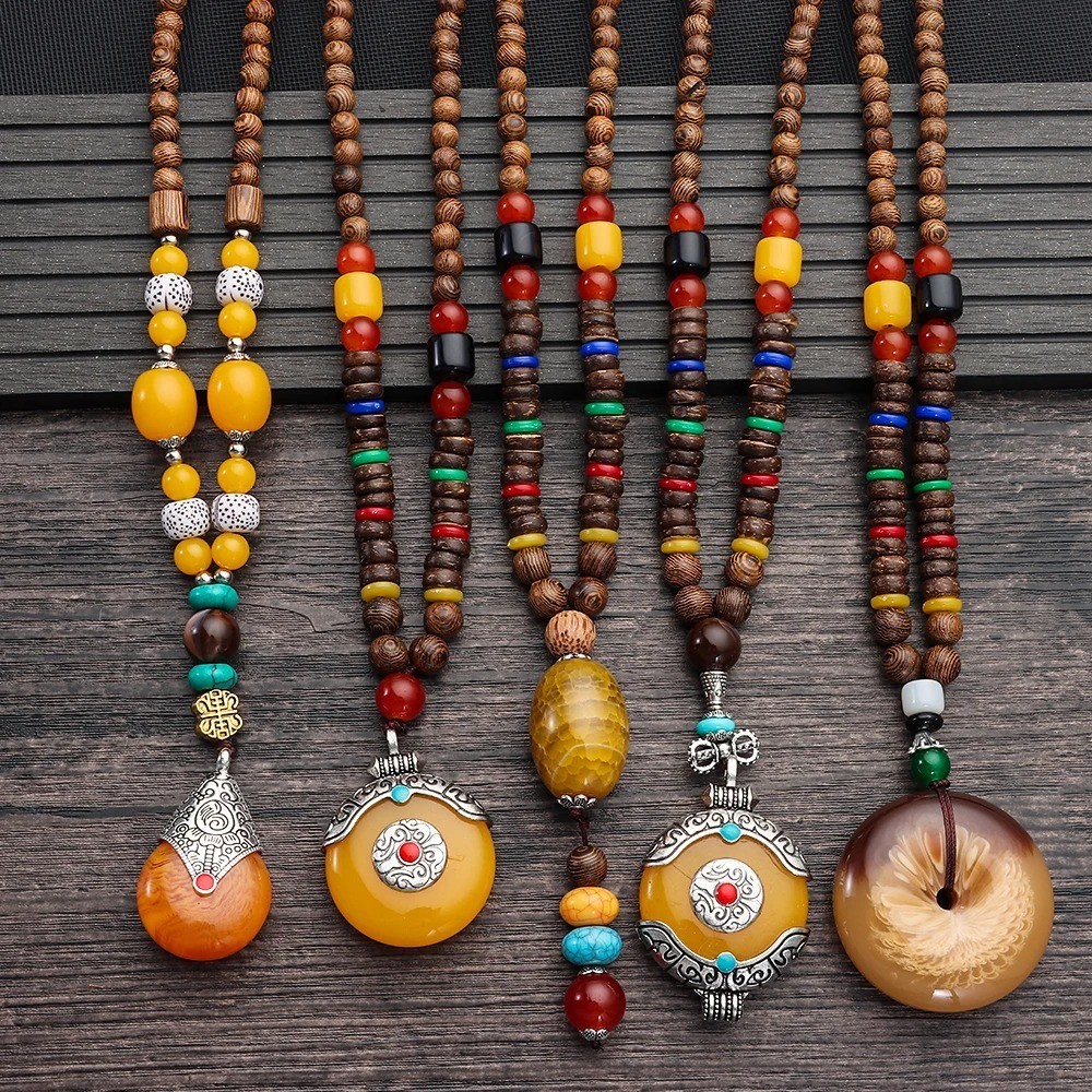 Handmade Nepal Buddhist Mala Necklace Wood Beads Ethnic Pendant Jewelry Gift