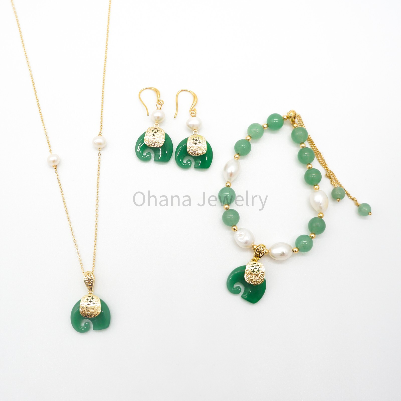 Natural Green Jade Copper Freshwater Pearl 18″ Oval Link Necklace – Elephant