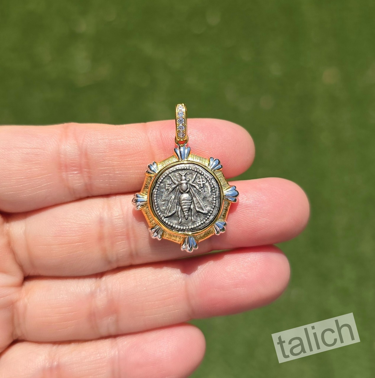 18K Gold Plated Sterling Silver Bee Coin Pendant Double Sided Two Tone Chic