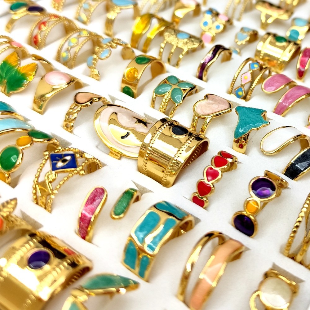 20Pcs Luxury Gold 316L Stainless Steel Color Enamel Wedding Party Ring Open-end