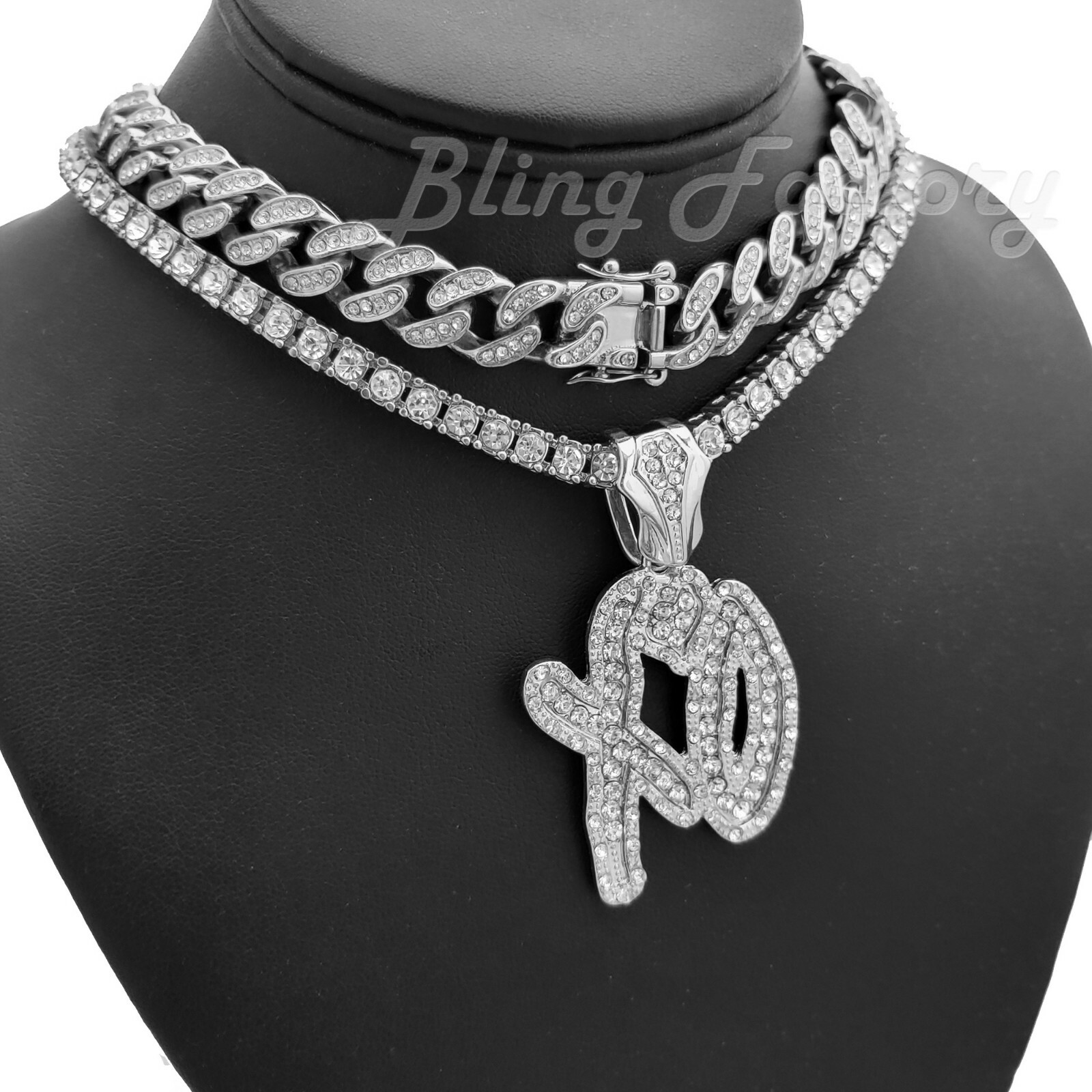 XO Gang pendant & 18″ Iced Box Lock Cuban & Tennis Choker Chain Hip Hop Necklace