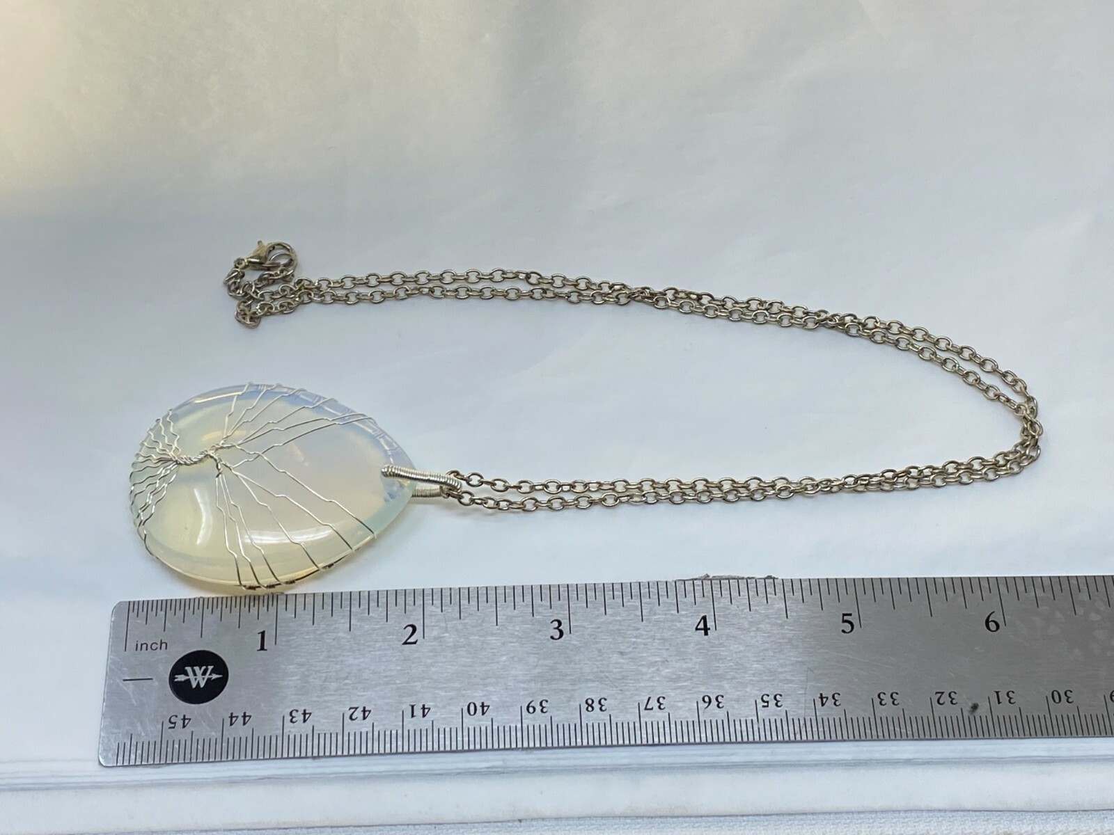 Beautiful Silvertone Wire-Wrapped Milky Blue Glass Tree Pendant 24″ Necklace