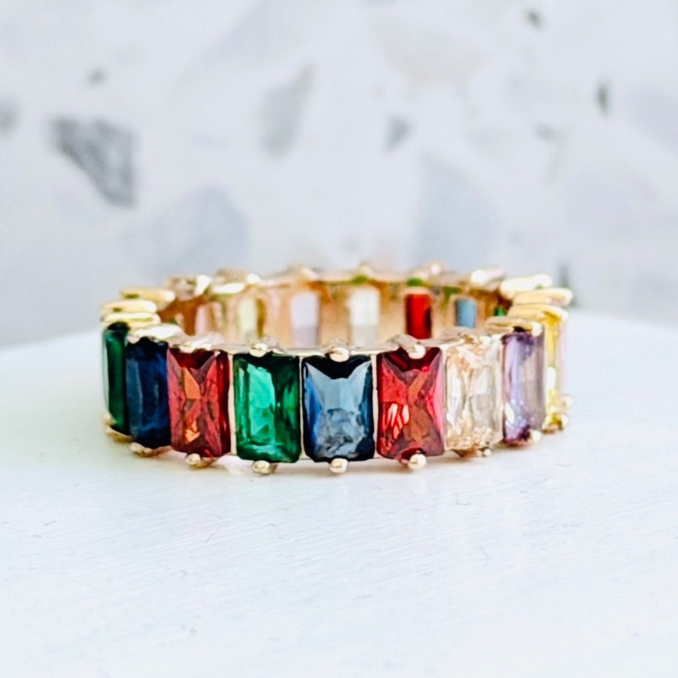 14k Gold & 925 Solid Multicolor Sapphire Rainbow Eternity Ring For Her Size 6