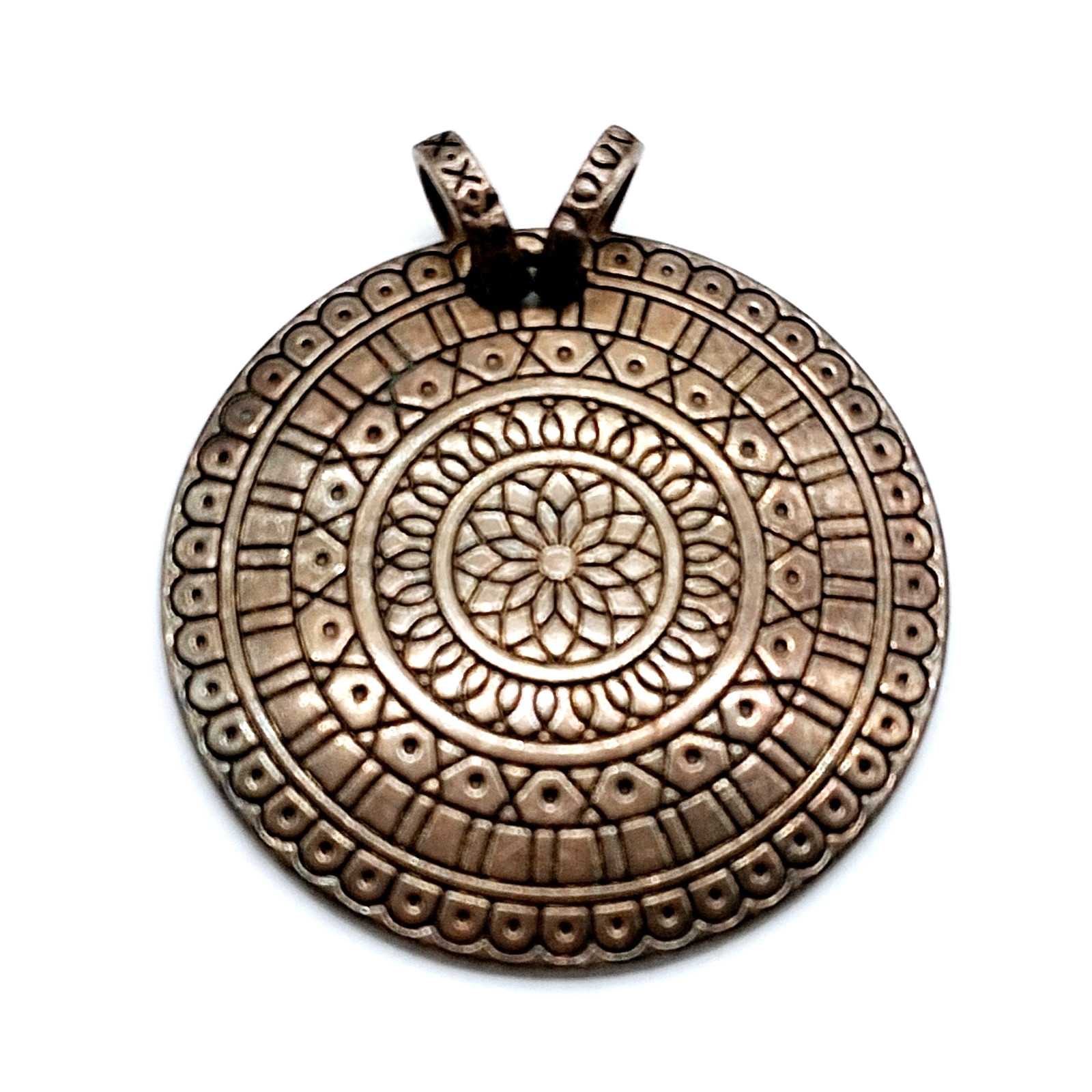 Silvertone Round Medallion Necklace Pendant Minimalist Etched