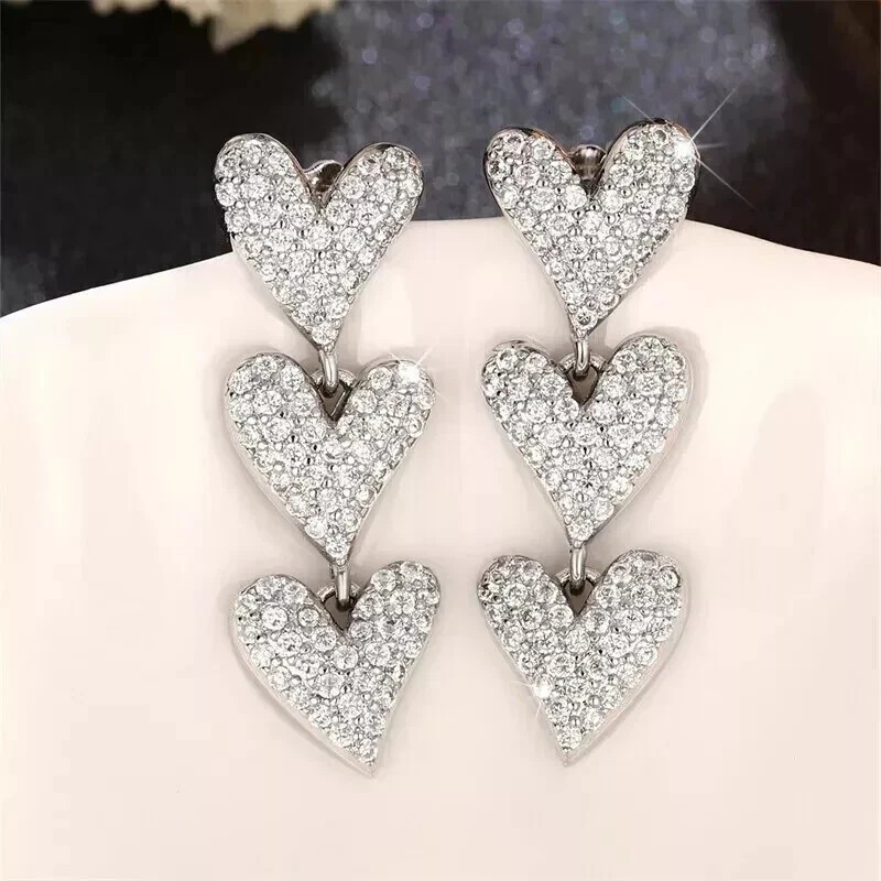 3Ct Round Cut Simulated Diamond Triple Heart Drop Earrings 14k White Gold Plated