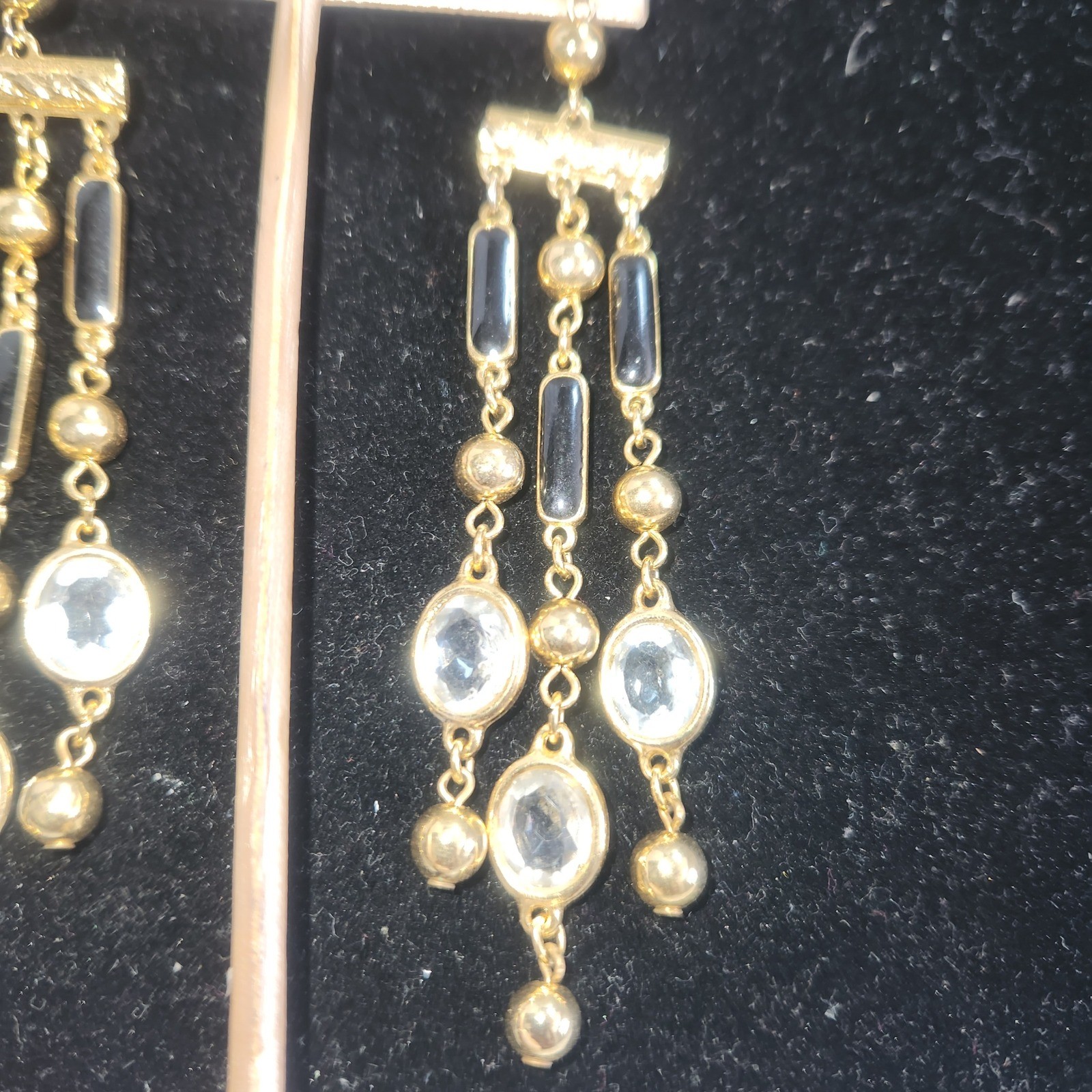 Gold Tone Black and Clear Crystal Chandelier Drop Dangle Earrings Post Back