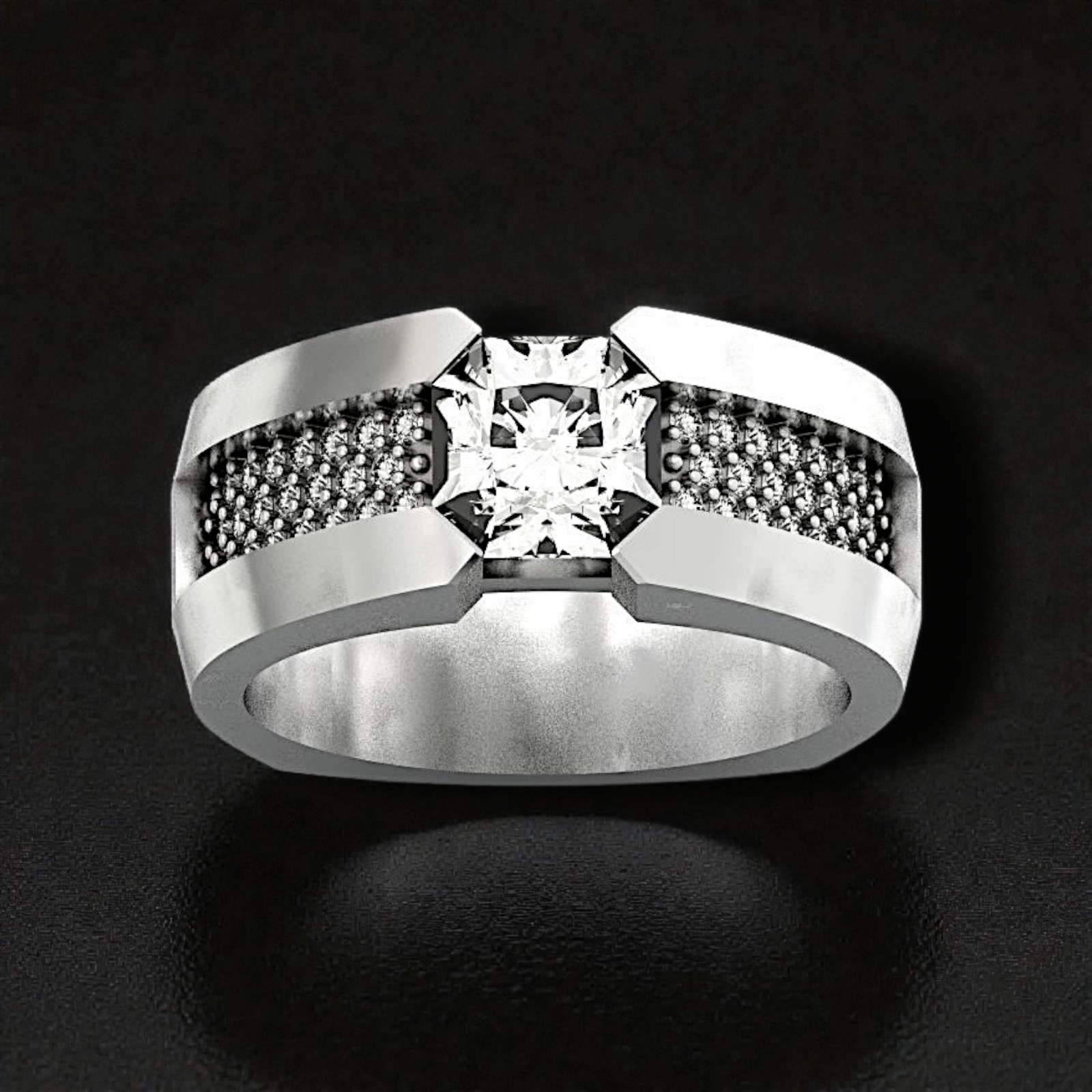 Men’s Sterling Silver Diamond-Look Ring – Wide Band Statement Jewelry
