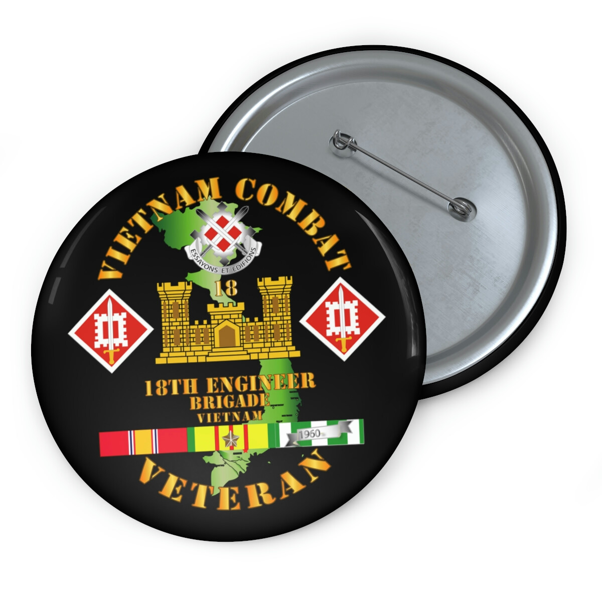 Custom Pin Buttons – Vietnam Combat Engineer – 18th Engineer Bde w SVC
