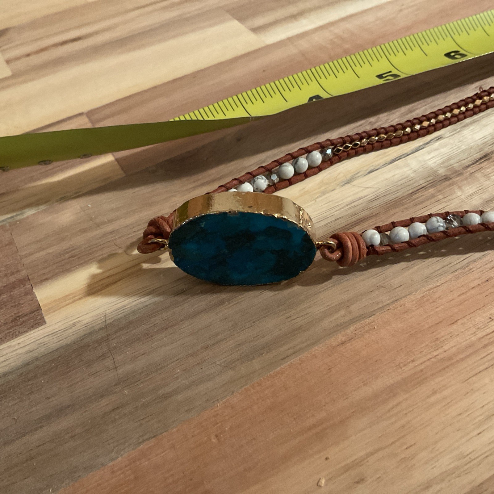 Blue Turquoise Color Stone Gold Edges Leather Beaded Necklace 17 Inches Long