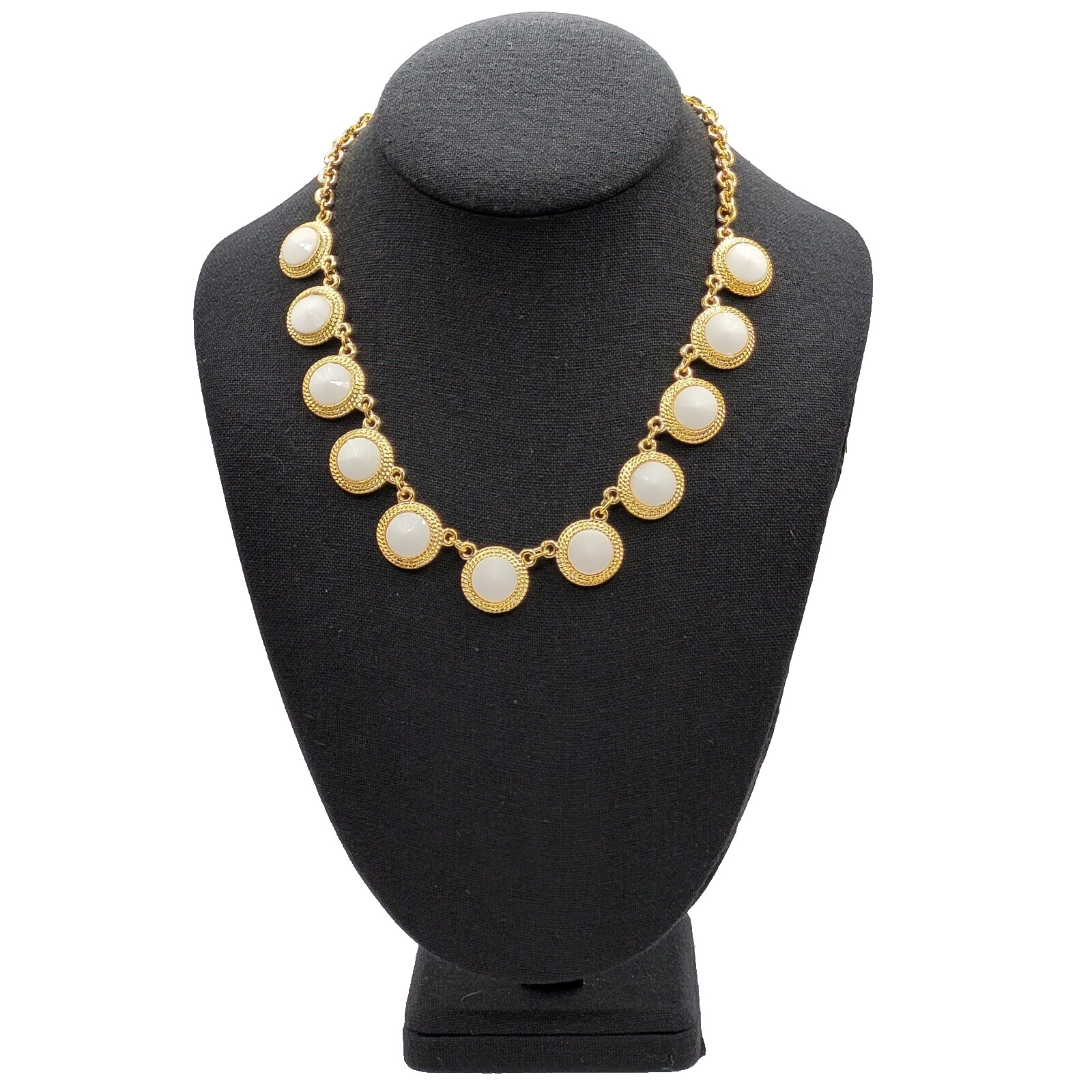 Gold Tone Bezel White Faceted Acrylic & Metal Link Professional Necklace 18 In