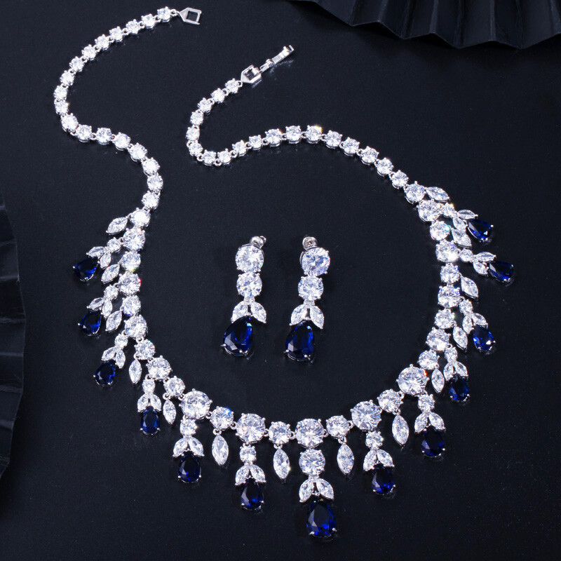 CWWZircons CZ Big Dangle Drop Bridal Wedding White Necklace Earrings Jewelry Set