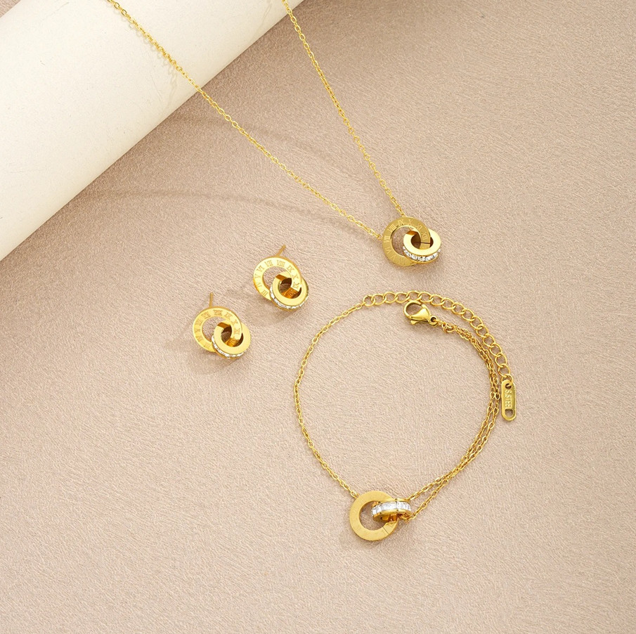 4pcs Gold Stainless Steel Jewelry Set Necklace Bracelet Earrings Roman Circles