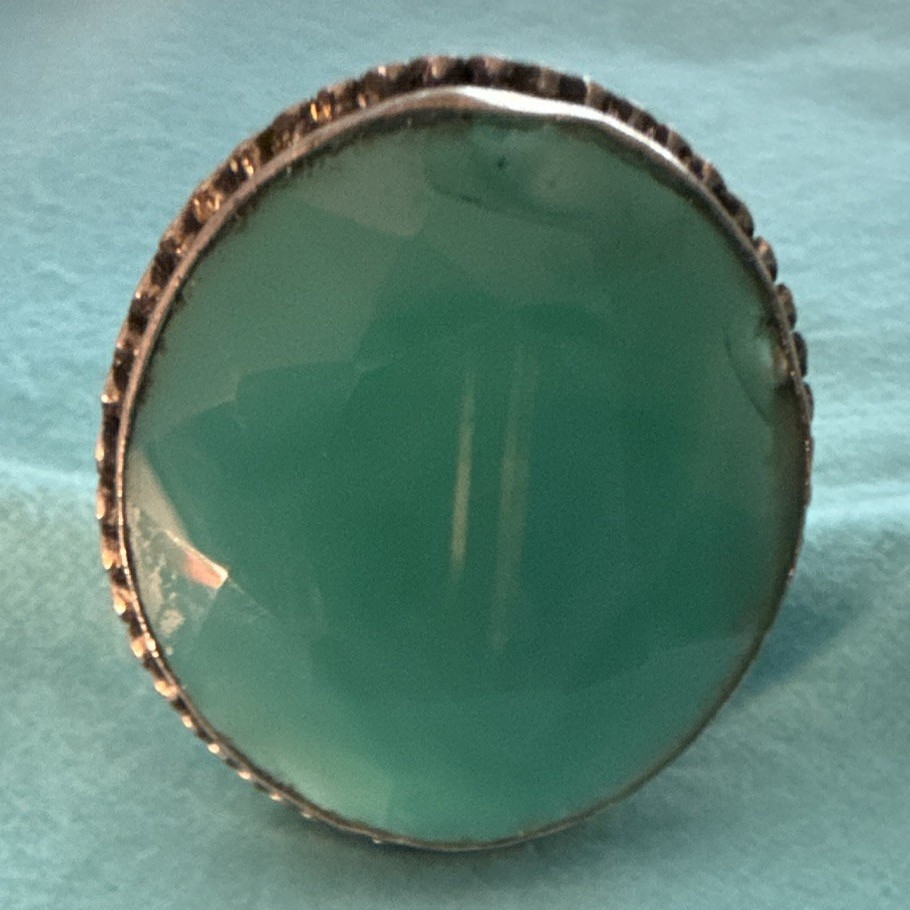 Gold Tone Green Round Bezel Set Cocktail Ring, Adjustable Size 6-10