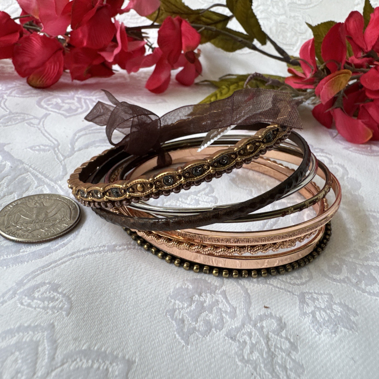 Chico’s Dark Gold Silver Brown Textured Thin Stacked 9 PC Bracelet Set Stack NWT