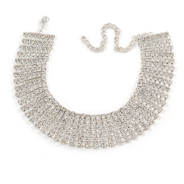Statement 7 Row Clear Crystal Choker Necklace In Silver Tone – 27cm L/ 11cm Ext