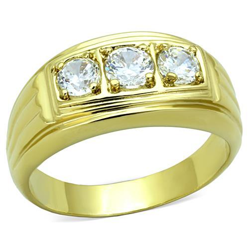 Men’s Stainless Steel Gold GP 3 Round Stone CZ Band Ring SZ 9,10,11,12,13