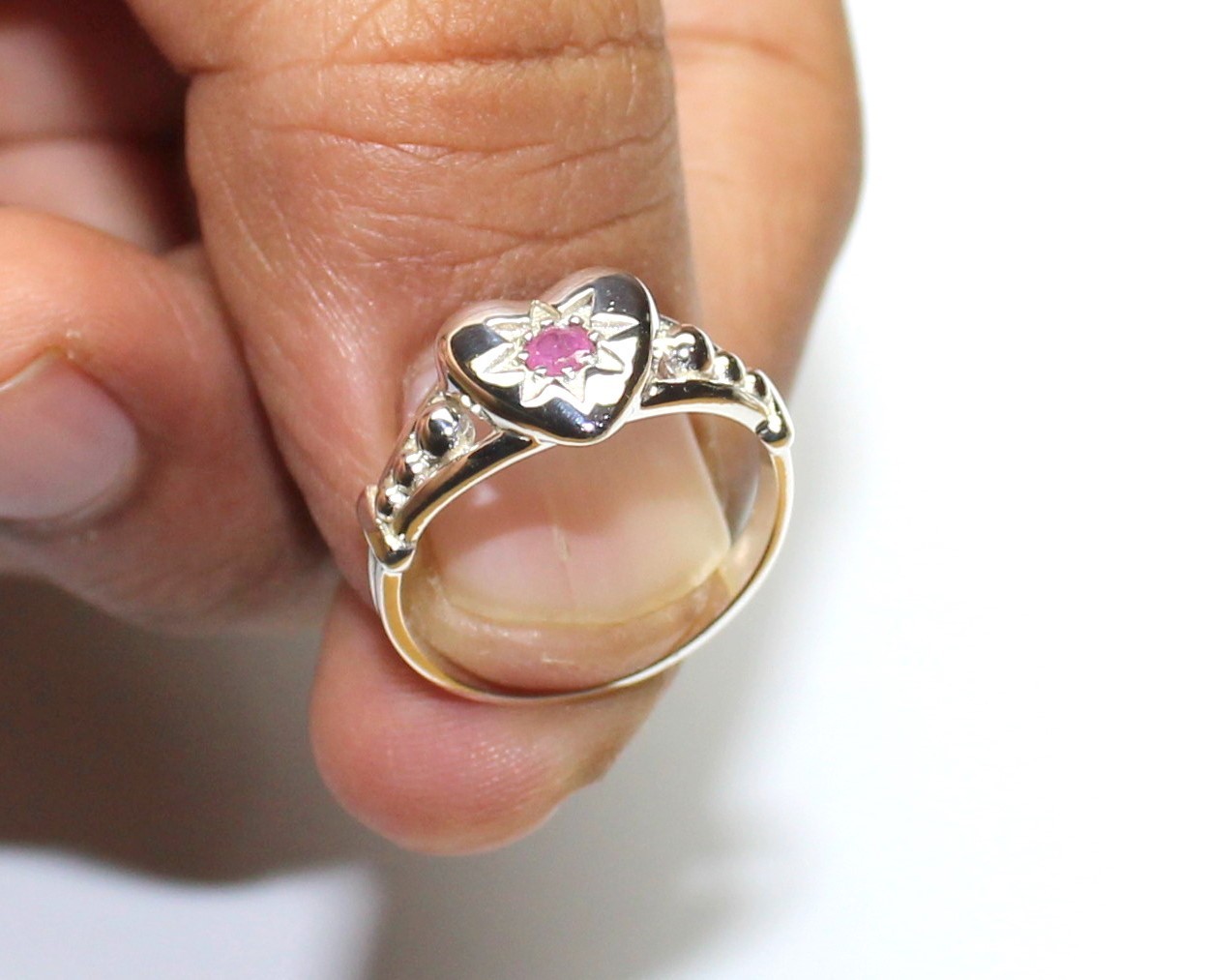 Natural Burmese Ruby Ring, Sterling Silver Unique Engagement Heart Jewelry