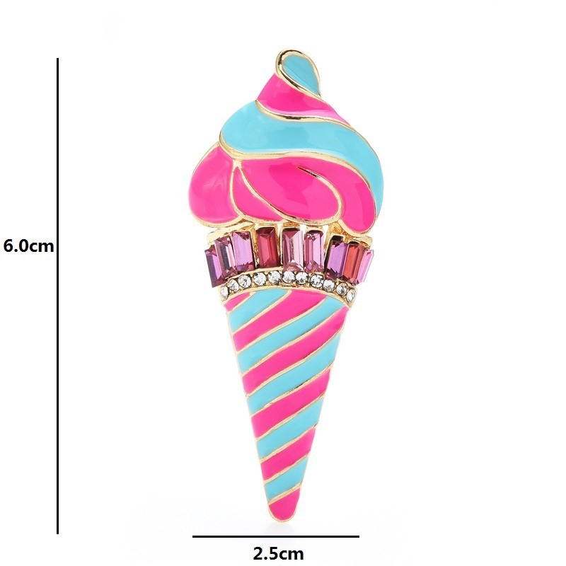 2PCS Ice Cream Cone Brooch Pin Enamel Rhinestone Dessert Sweet Treat Gold Tone
