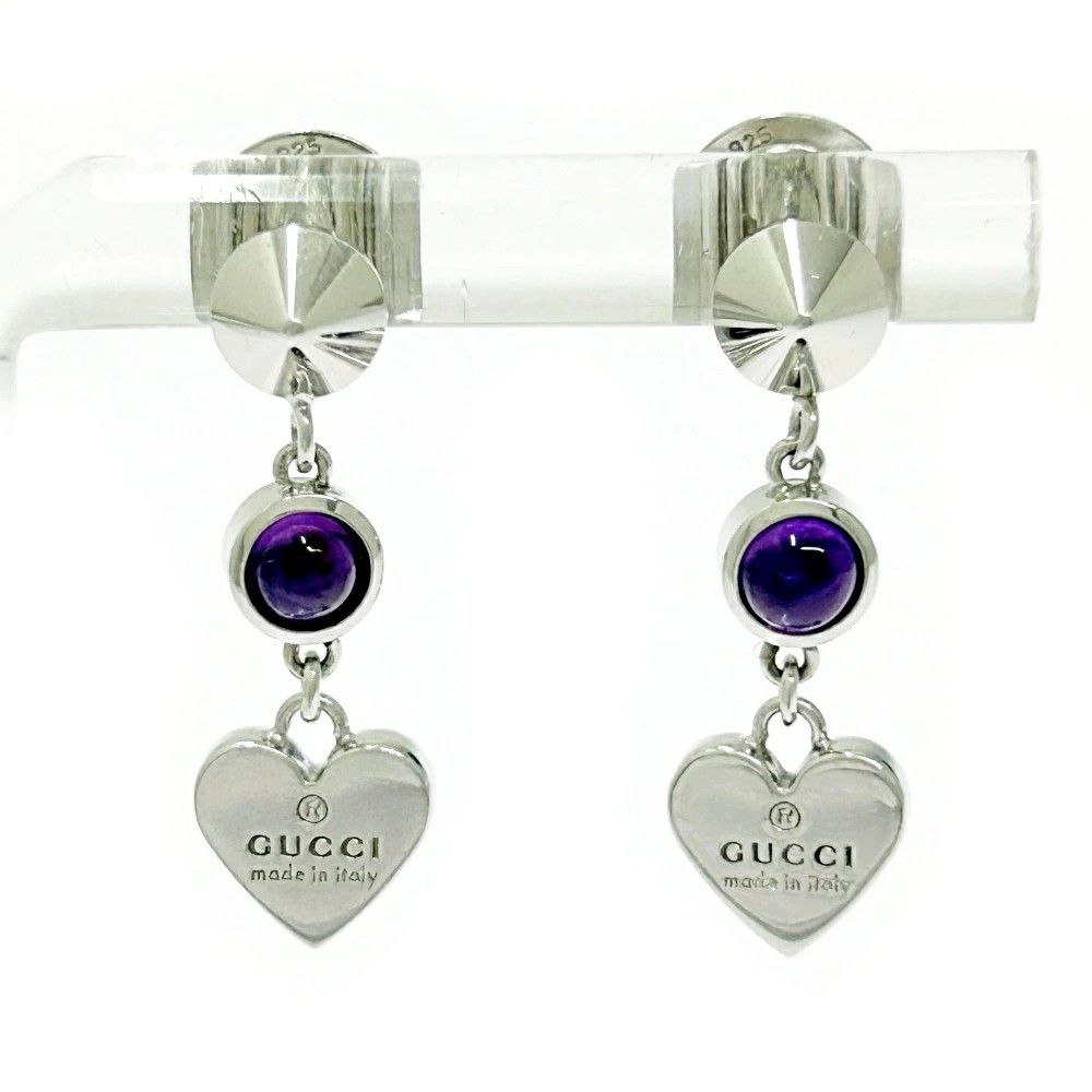 GUCCI Silver Heart Amethyst Earrings 4.7g 925 Women’s Accessories 2.5cm x 0.8cm