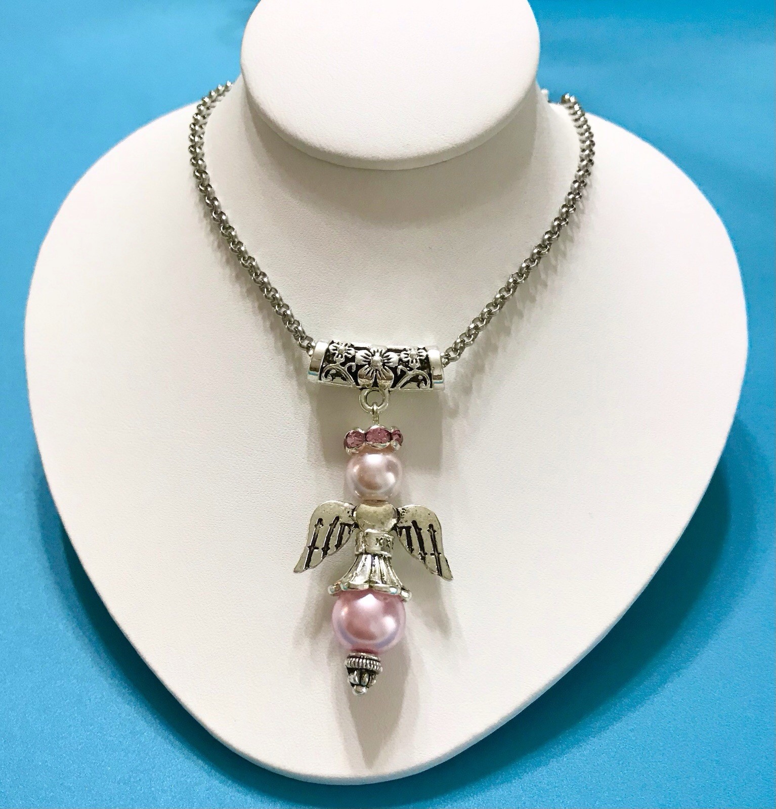 Angel Soft Pink Glass Pearl Antique Silver Color Wings Stainless Rolo Chain