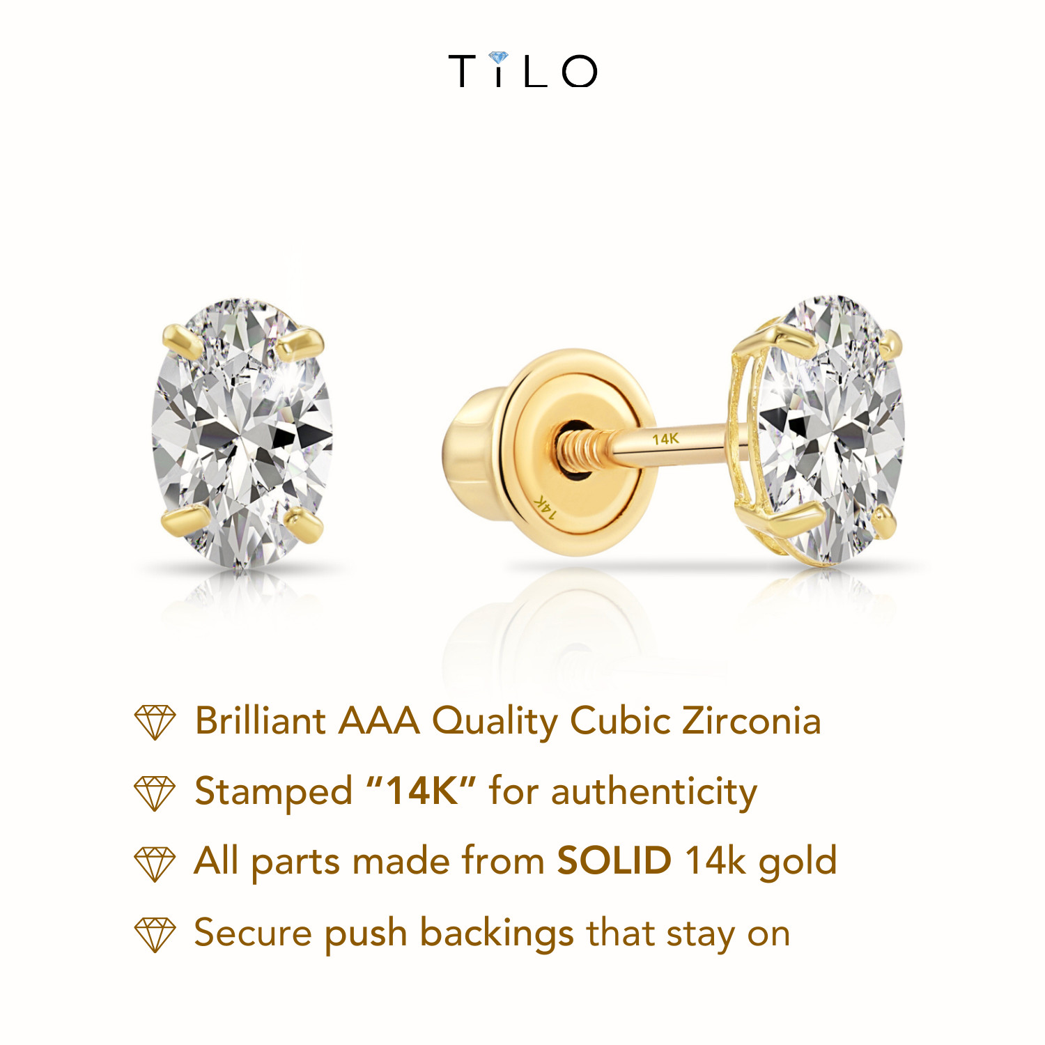 14K Real Solid Gold Solitaire Oval CZ Sleeper Studs Earrings Screw-back 5mm 6mm