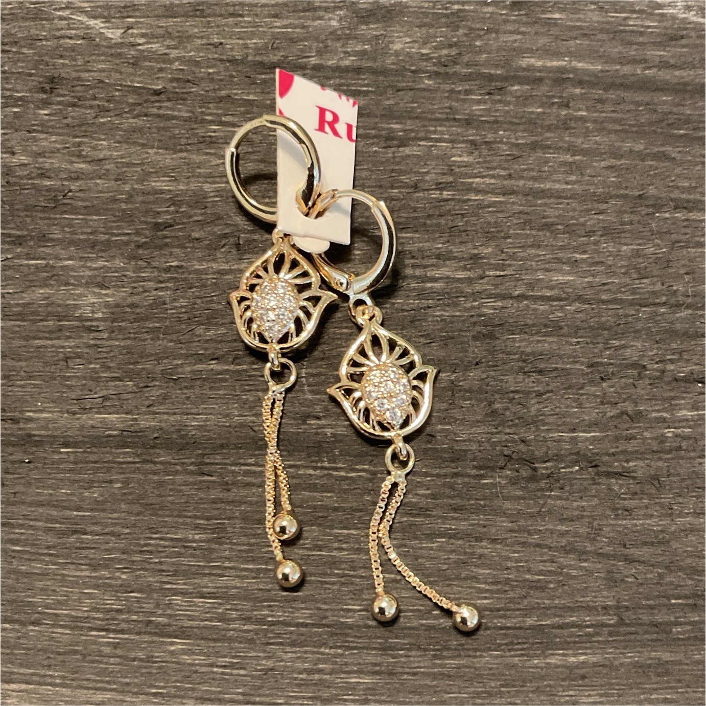Gold Tone Dangle Drop Earrings Round Simulated Rhinestone Hook Closure