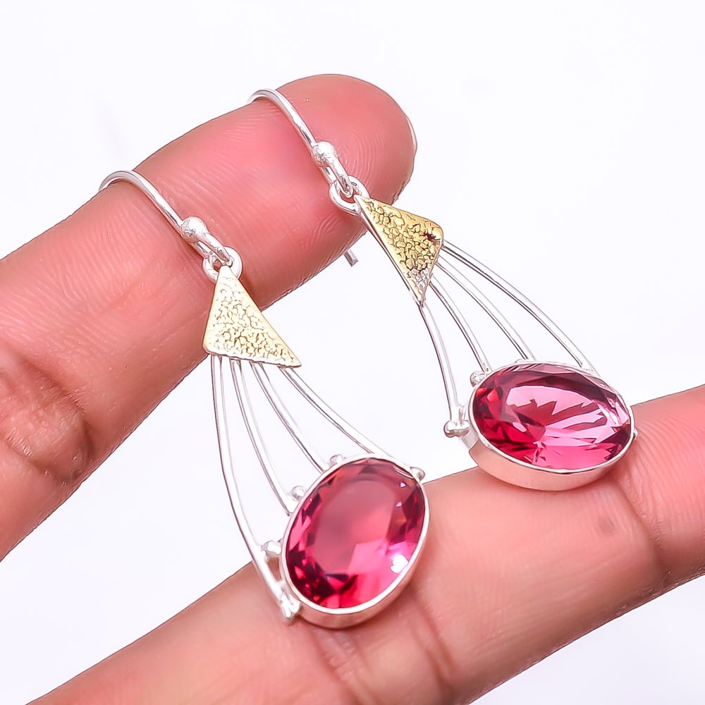 Pink Rubellite Tourmaline 925 Sterling Silver Two Tone Earring 1.95″ E946626053