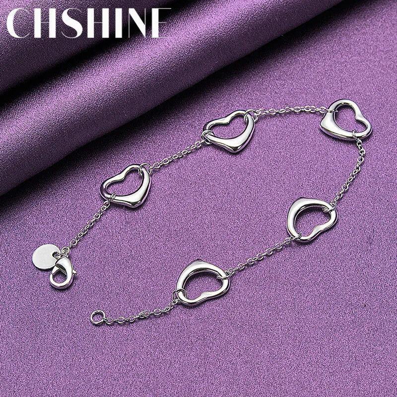CHSHINE 925 Sterling Silver Five Heart Bracelet Fashion Charm Jewelry 8inches