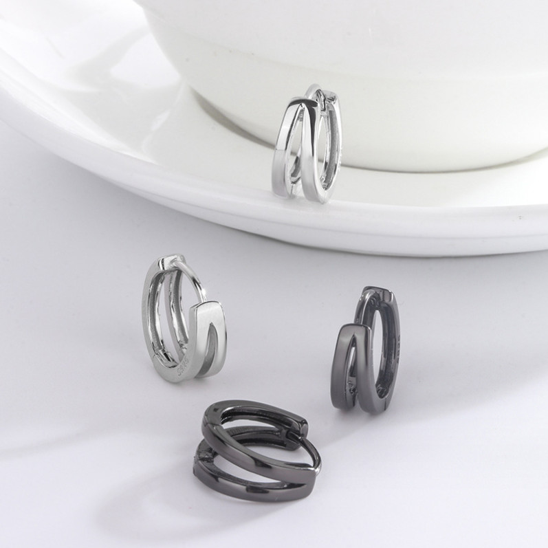 Women Men Sterling Silver Plated Double Lines Huggie Hoop Earrings 15mm G3