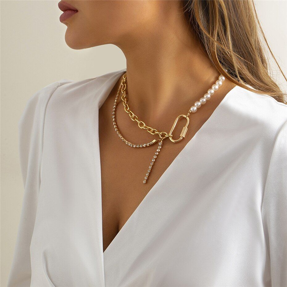 Asymmetric Fake Pearl Aluminum Alloy Choker Tennis Necklace Fashion Jewelry Wear