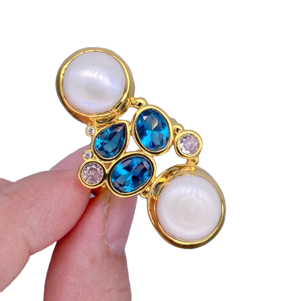Freshwater White Pearl Blue Cz Pave Gold Plated Finger Ring