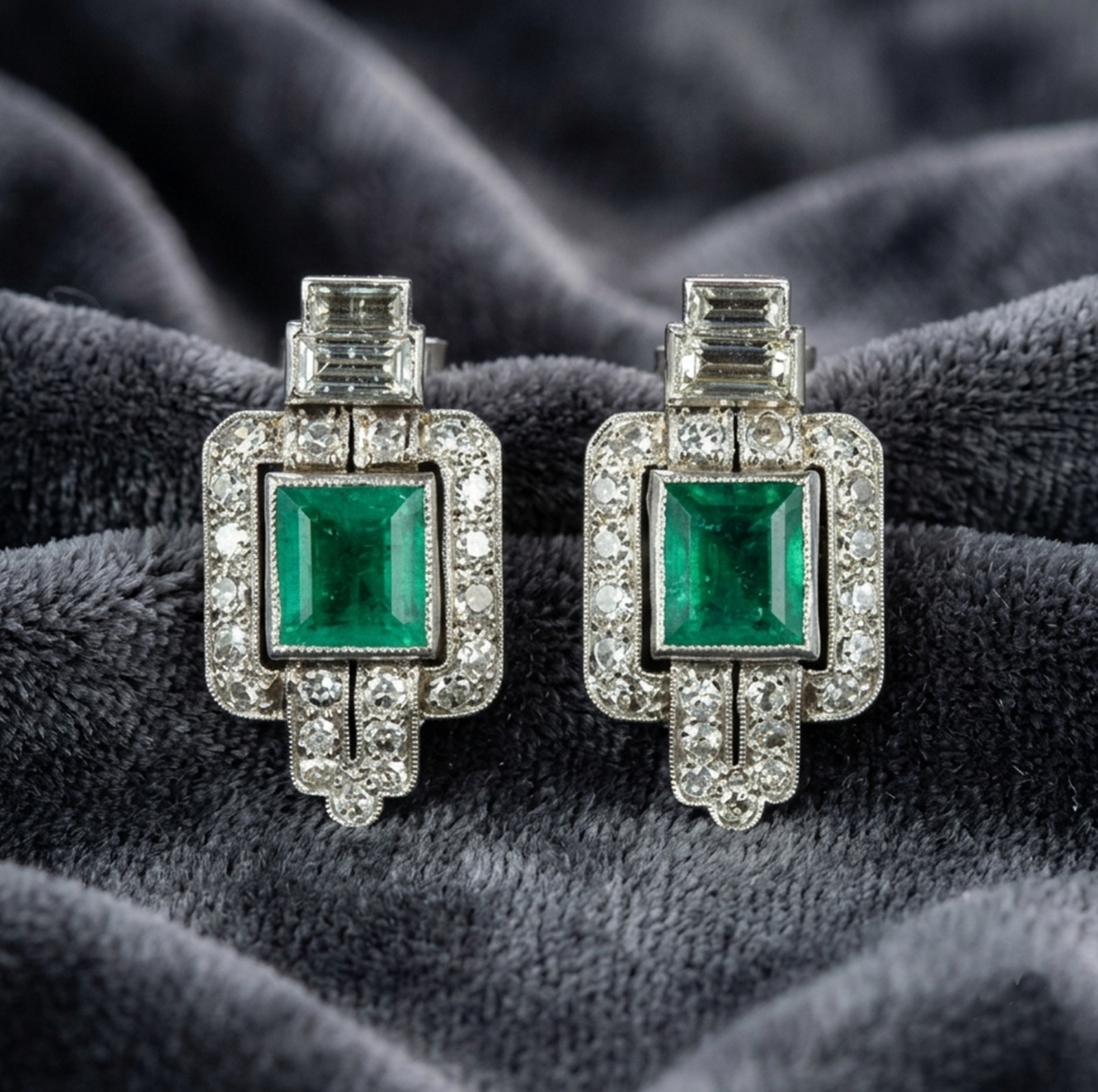14K Gold Art Deco Green Emerald Lab Created Diamond Wedding Dangle Drop Earrings