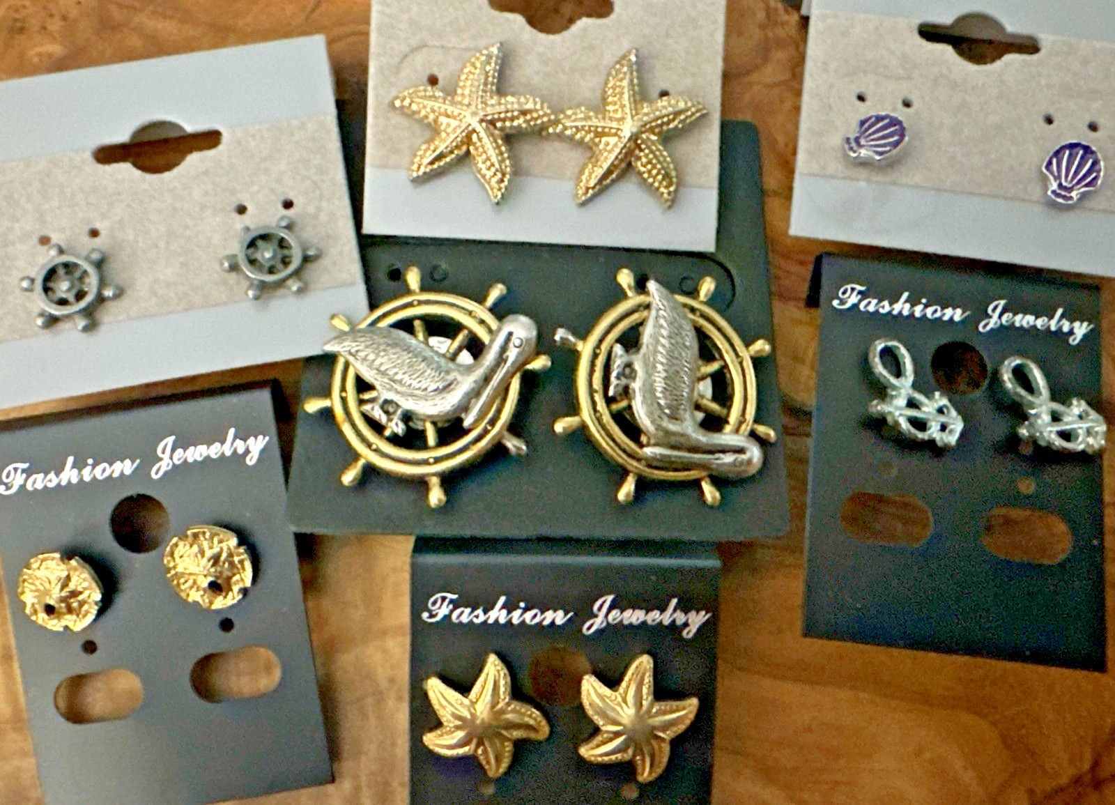 Nautical Earrings Lot Gold & Silver Stud Pelican Starfish Shell Beach Jewelry