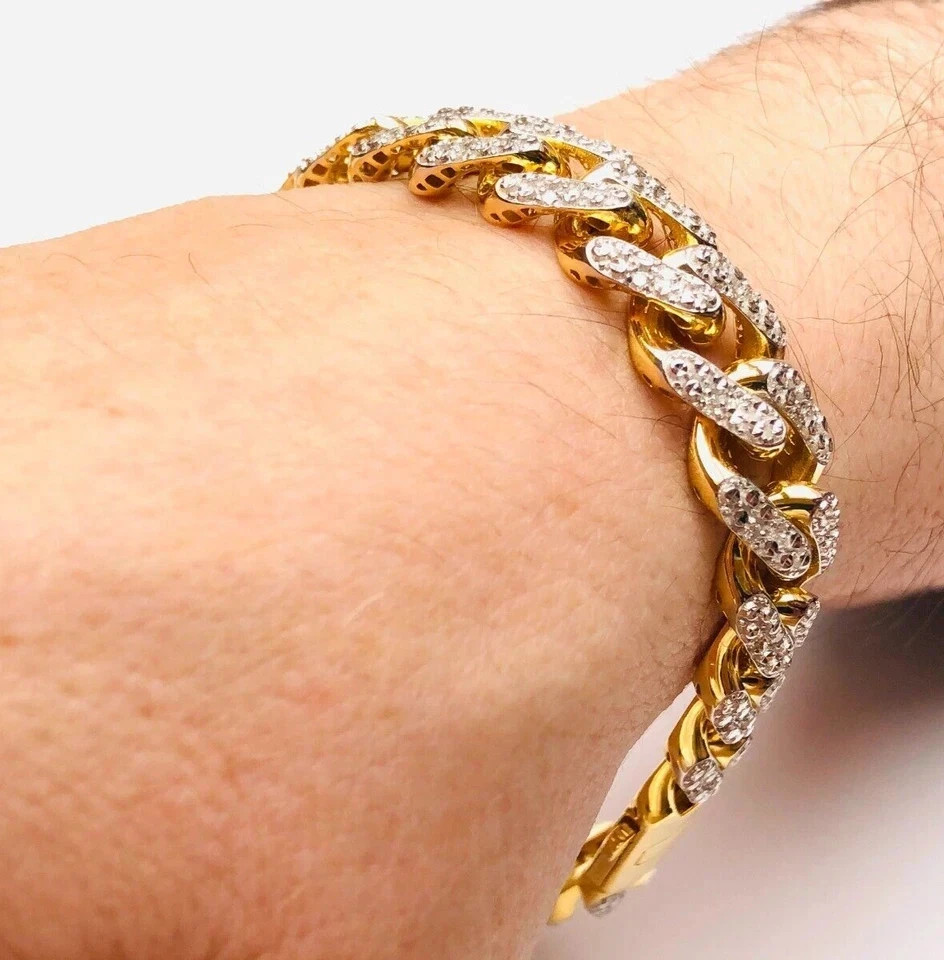 7Ct Round Cut Cut Simulated Diamond Men’s Cuban Bracelet 14k Yellow Gold Plated