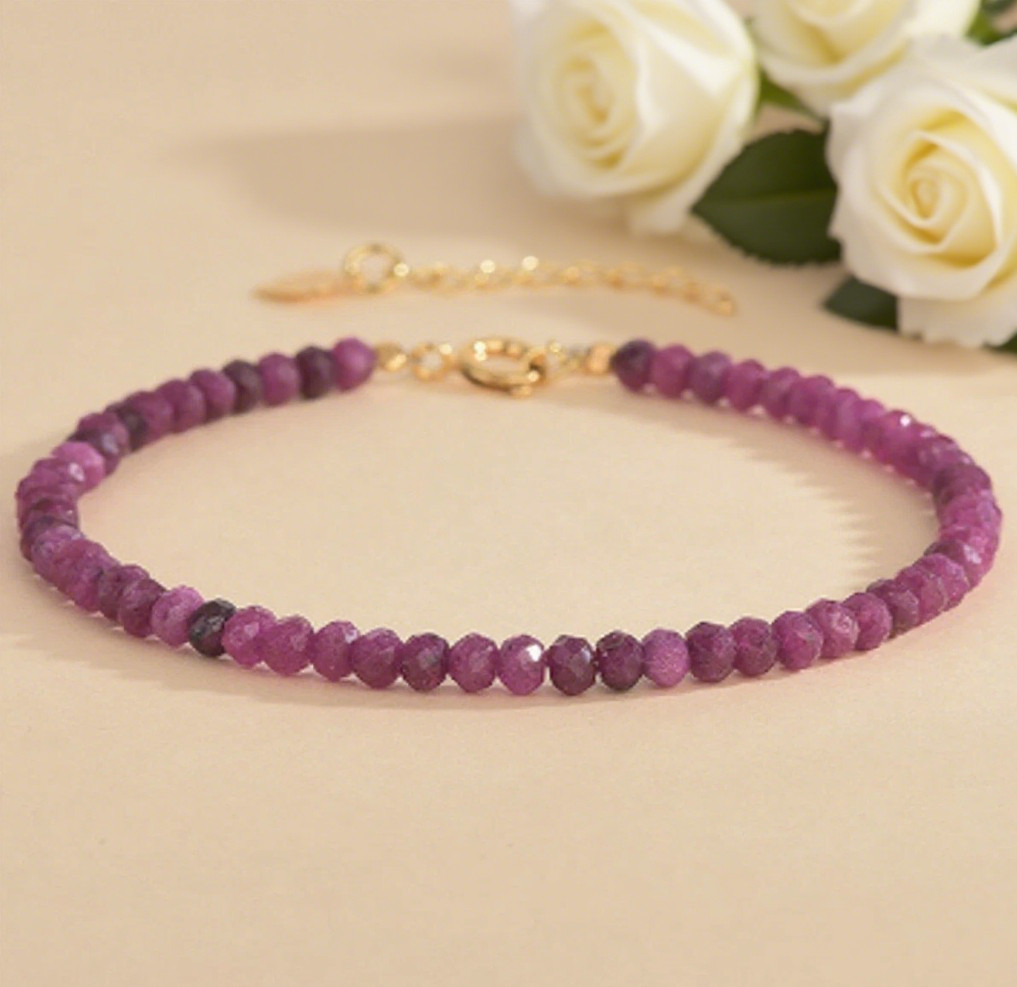 Ruby Crystal Gemstone Dainty Bracelet Minimalist Healing 3mm Faceted Beads