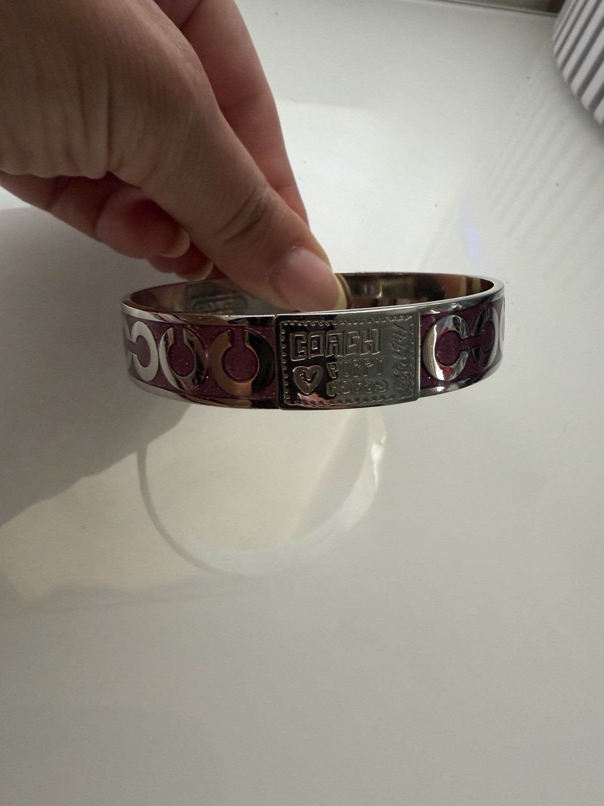 Coach Poppy Signature Logo Purple Enamel Silver Tone Bangle Bracelet Signed