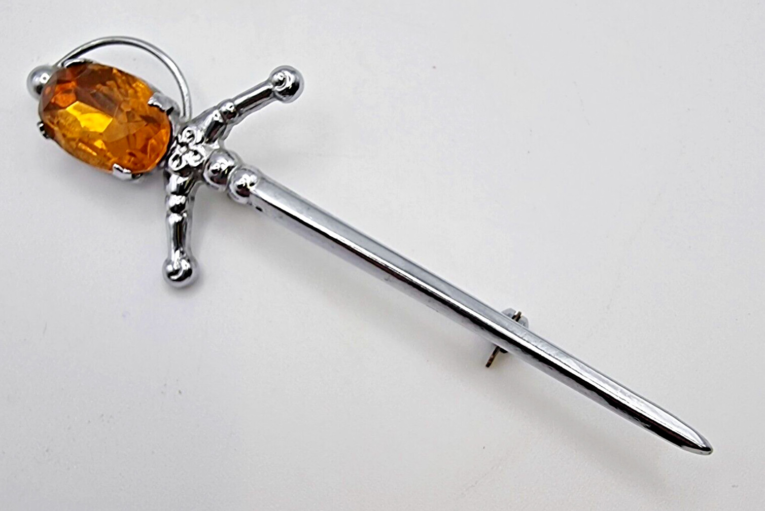 Vintage Scottish Sword Mizpah Brooch with Amber Coloured Glass Stone Silver Tone