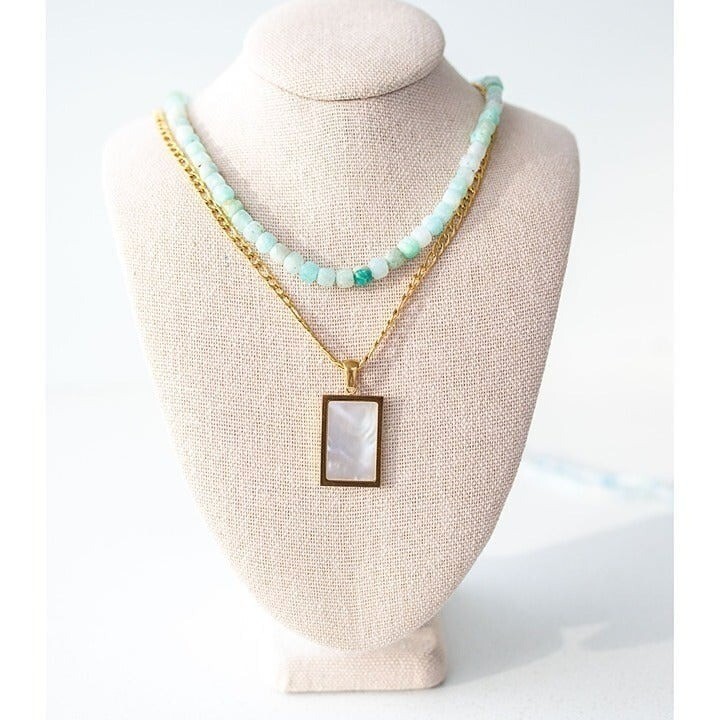 Beaded Amazonite Necklace w/ Removable Pearl and Gold Toggle Clasp Non-Tarnish