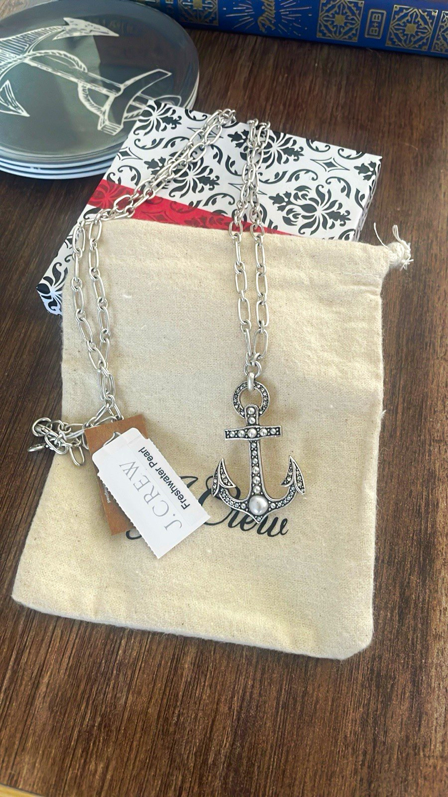 J.CREW Silver Metal Anchor Charm Pendant Cable Chain Nautical Necklace