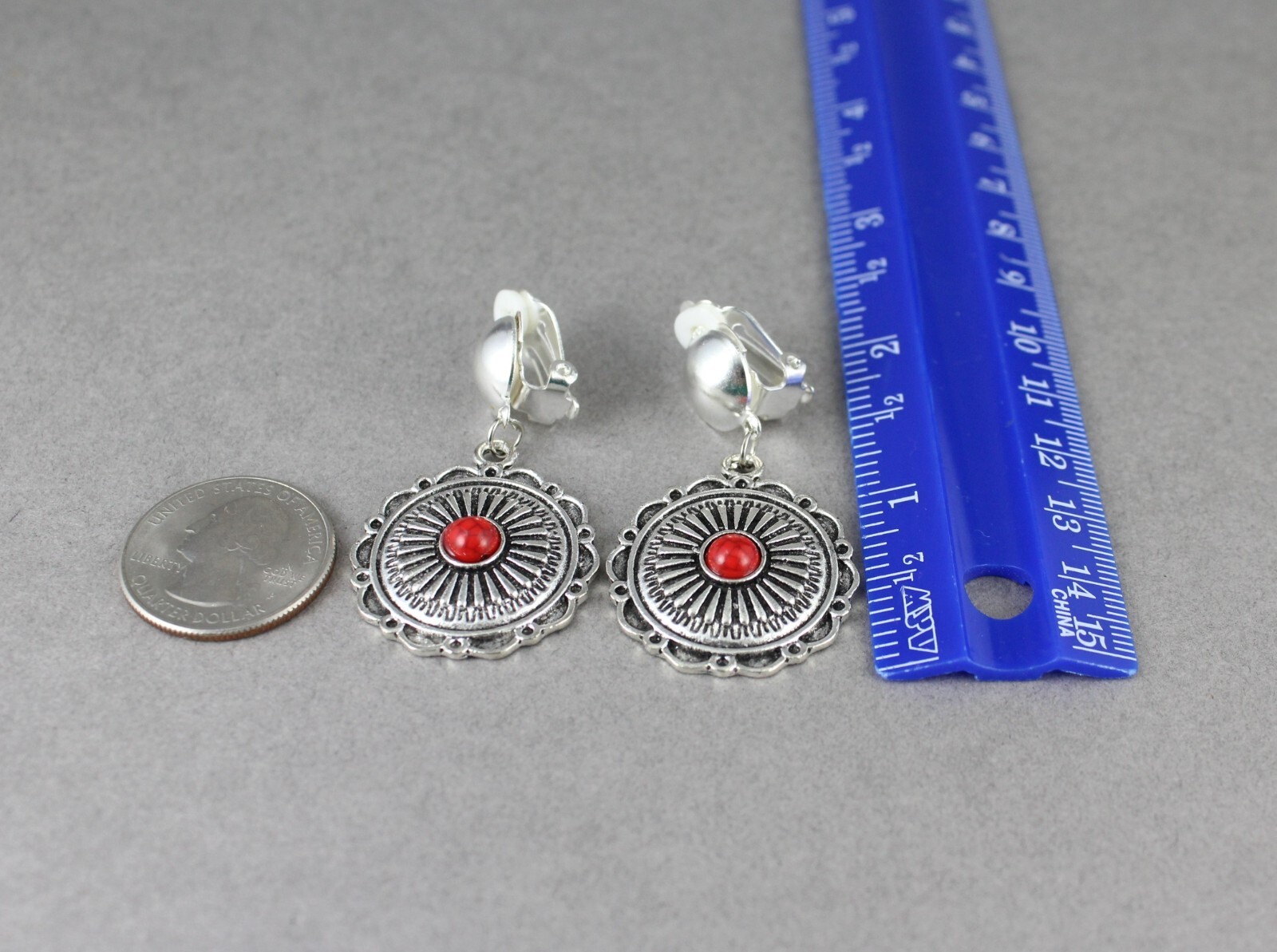 Silver Clip On earrings round medallion pendant clips lightweight 1 7/8″ long