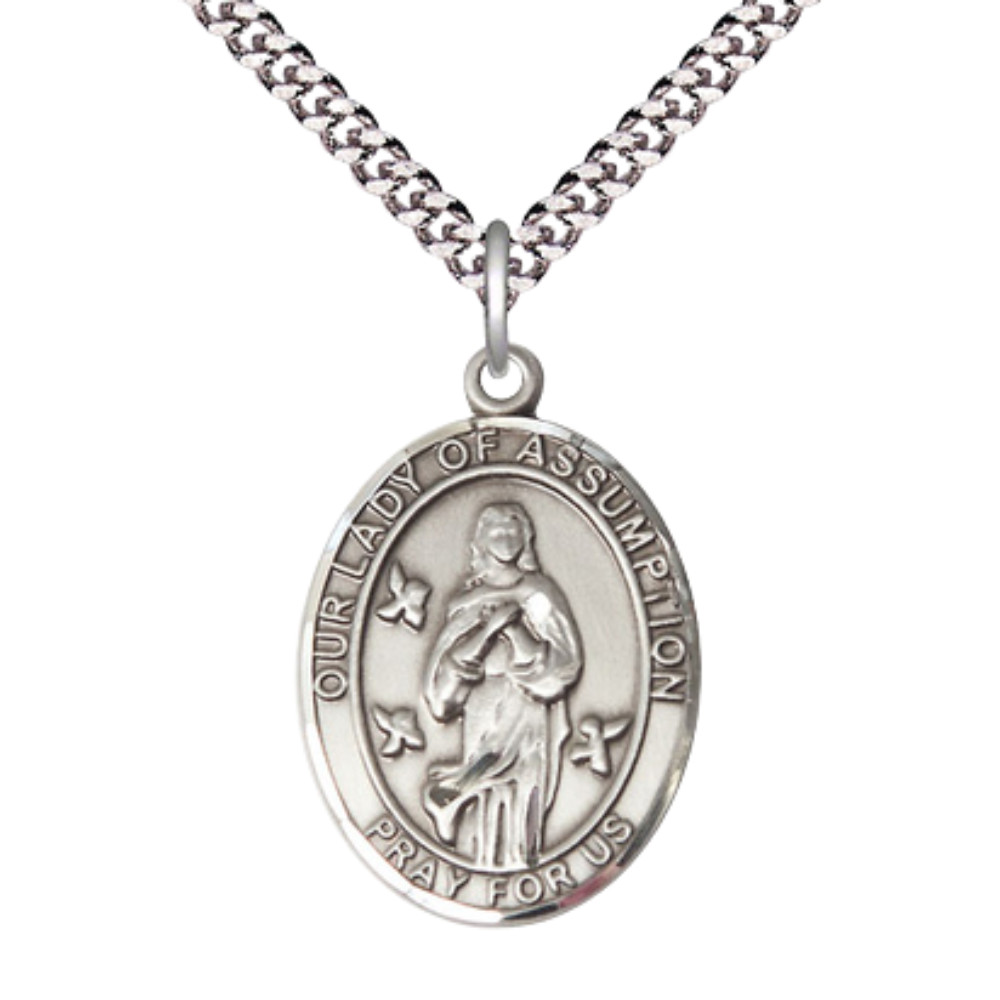 Sterling Silver Our Lady of Assumption Medal 24″ Lobster Claw Chain Necklace
