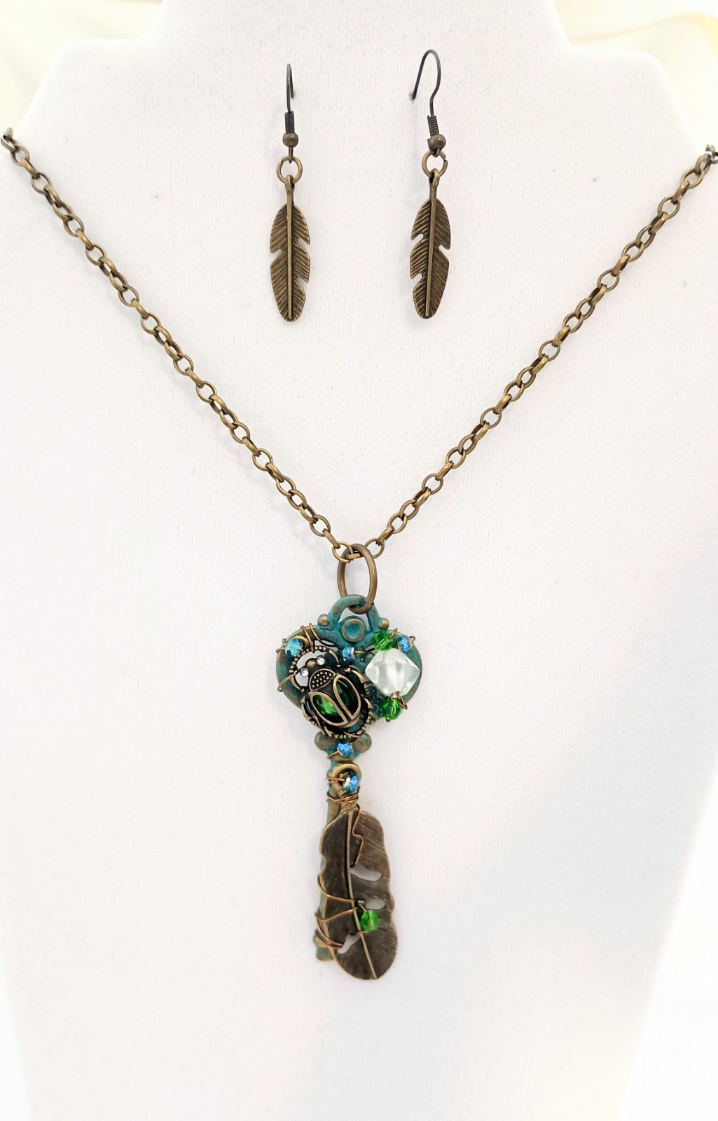 Key Wire Wrapped Pendant Handmade Long Chain Necklace Glass Beaded & Earrings