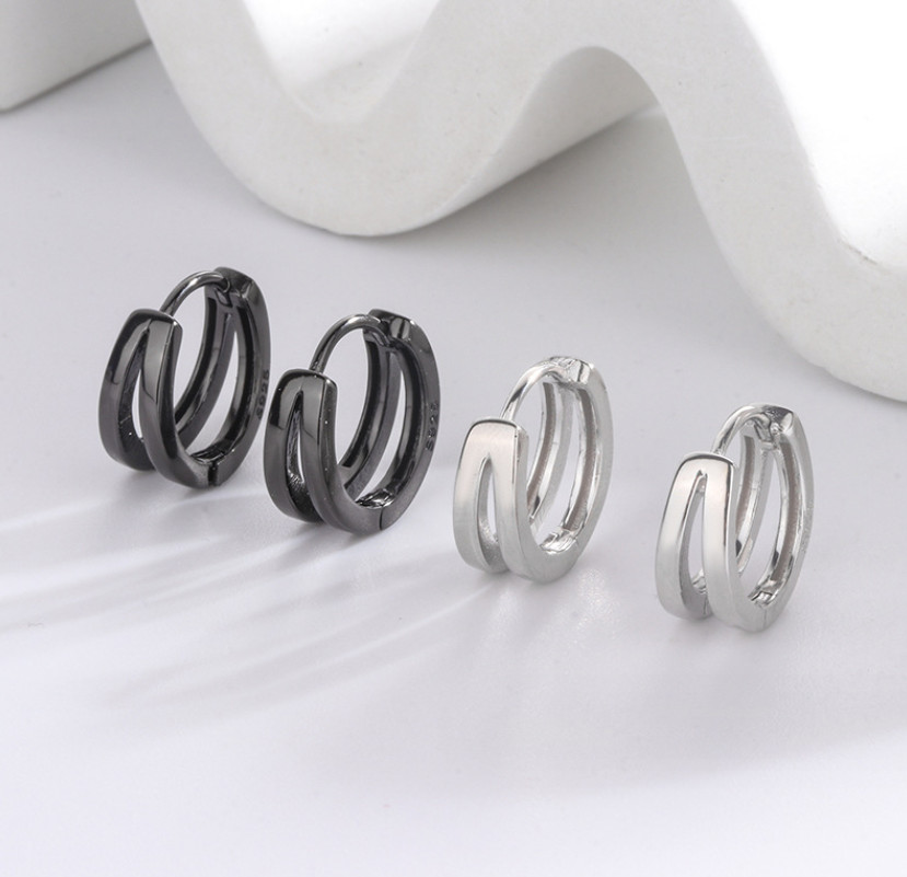 Women Men Sterling Silver Plated Double Lines Huggie Hoop Earrings 15mm G3