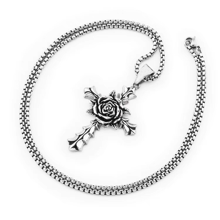 Silver Rose Cross Pendant Christian Necklace Religious Jewelry For Men Women 24″